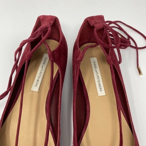Diane Von Furstenberg Paris Lace Up Suede Ballet Flats In Maroon Wine Size 8.5 - Picture 3 of 5